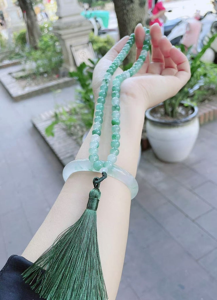 Spring Breath - 54-Bead Green & White jade Necklace (8 mm)