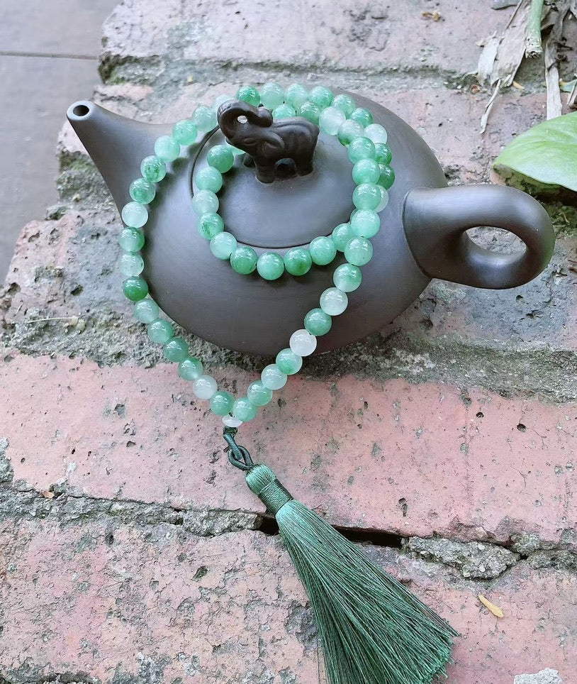 Spring Breath - 54-Bead Green & White jade Necklace (8 mm)