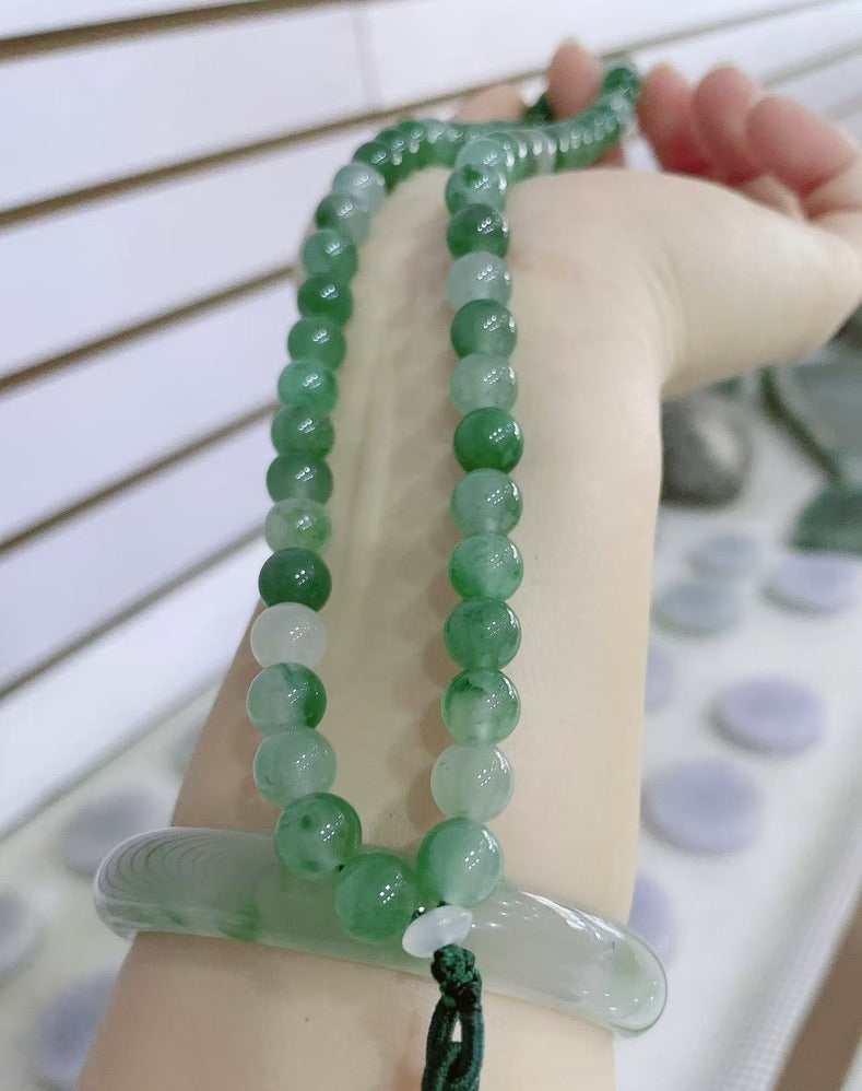 Spring Breath - 54-Bead Green & White jade Necklace (8 mm)